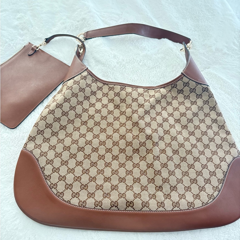 Gucci Tan and Brown Monogram Shoulder Bag cones with dust bag. PRICE SLASHED